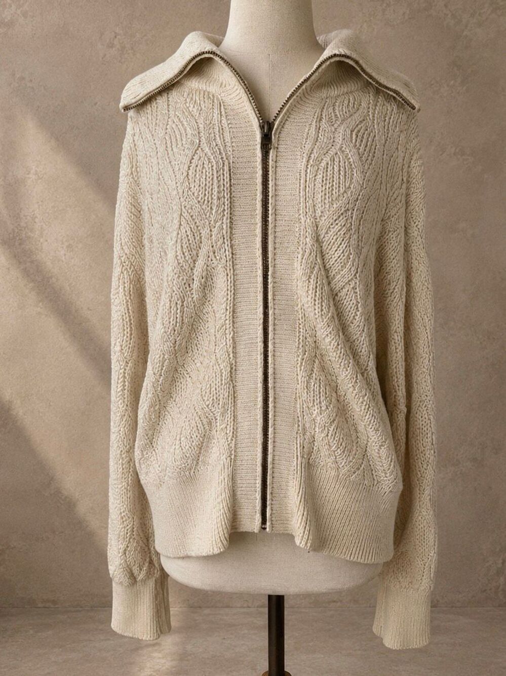 Varley XL Lando Full Zip Knit Bomber Cable Knit Sweater Jacket Ivory Cotton